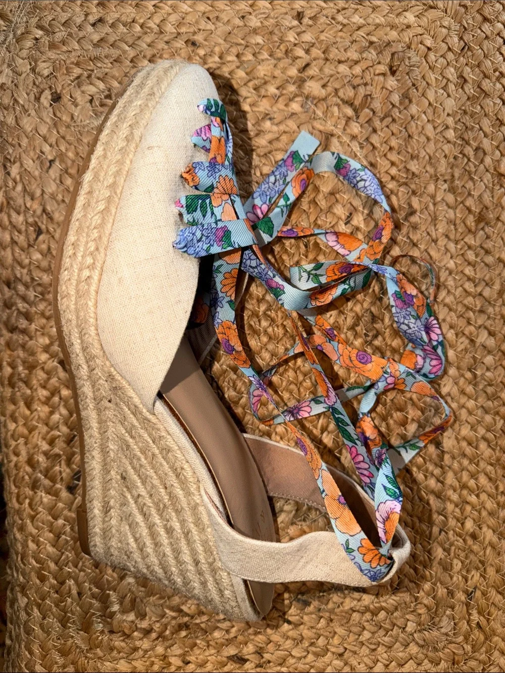Crown & Ivy Floral Tie-Ankle Espadrille Wedges - Light Blue, Orange, Purple
